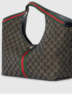 Designer Diaper Monogram Hobo Bag with Green-Red Web Stripe - Black Brown